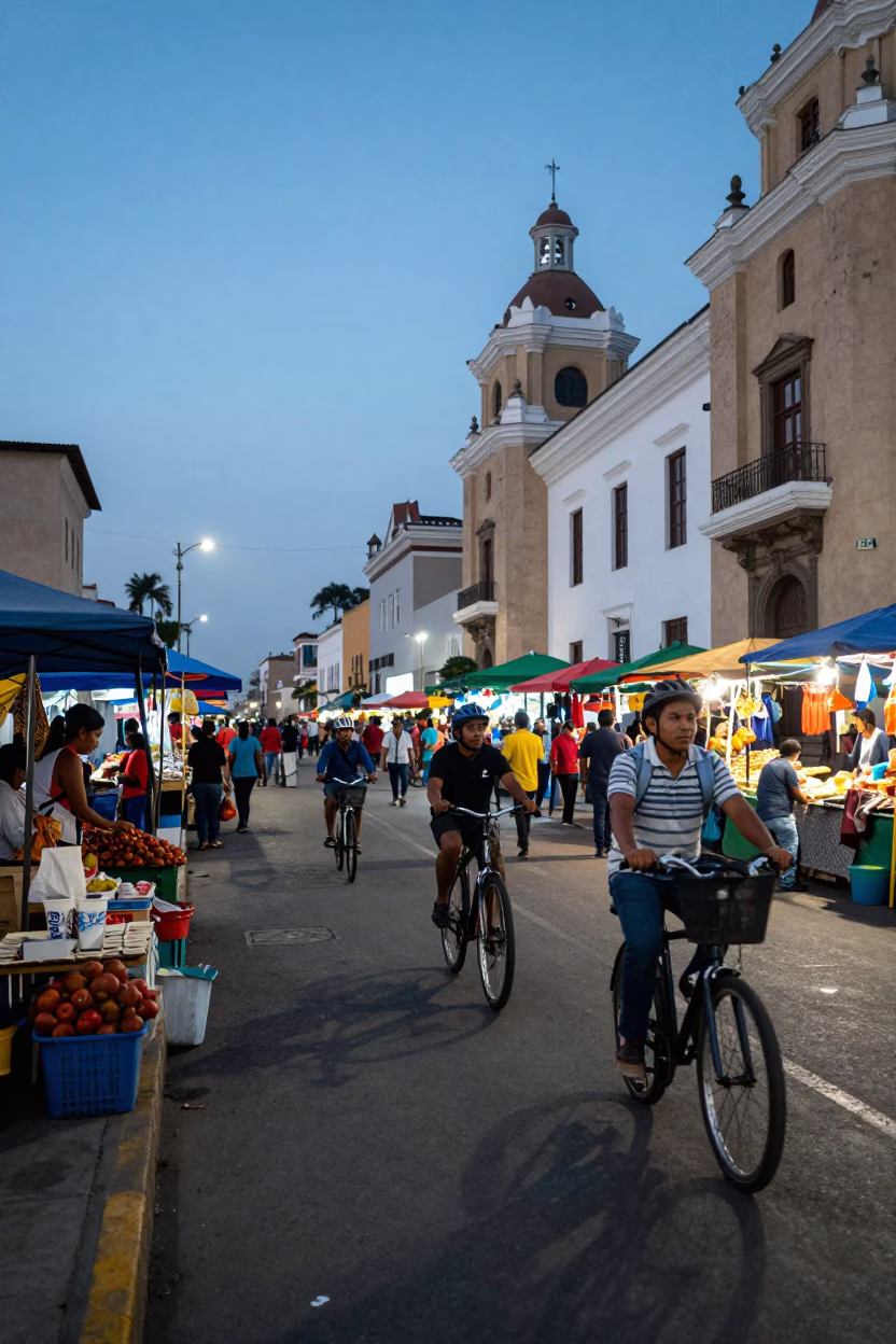 Lima Peru Evening Street Scene with Cyclist and Local Market Activity in in Lima, Peru