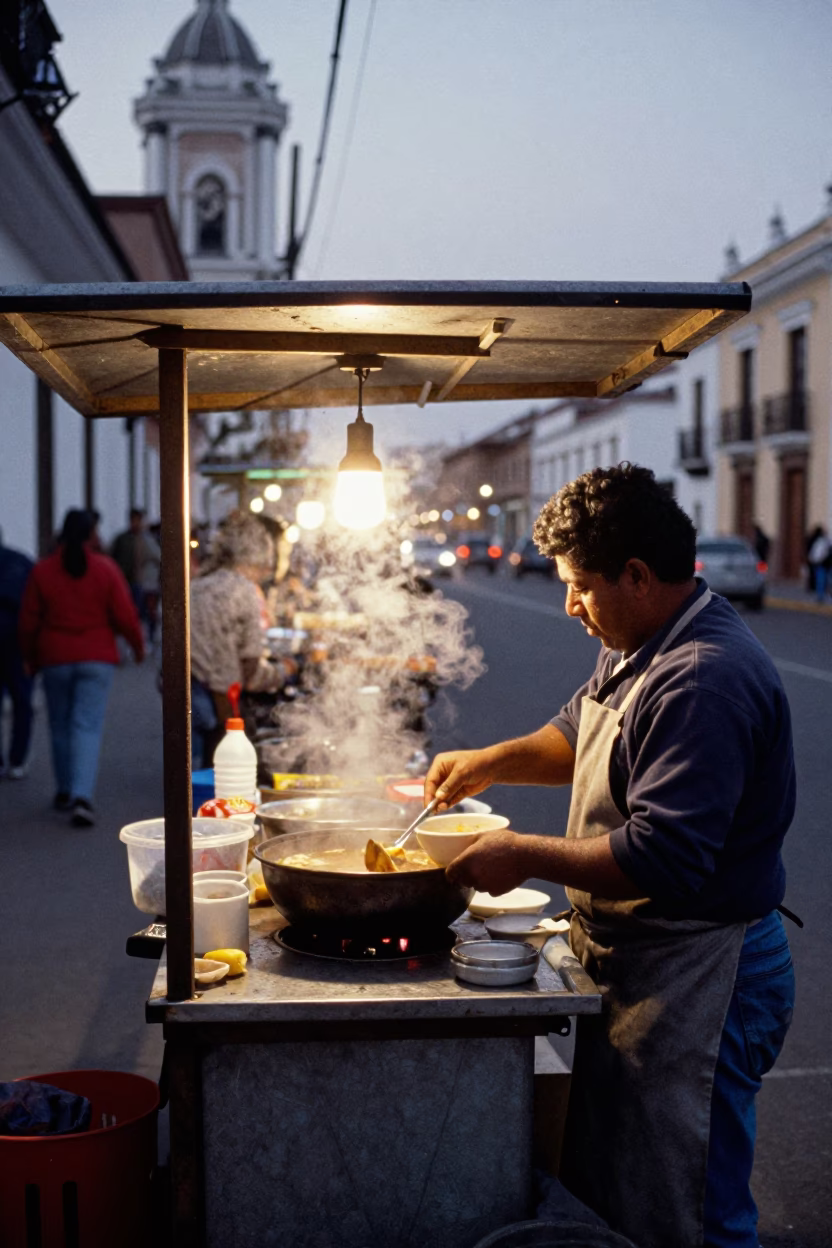 Lima Peru Evening Street Scene with Food Vendor and Local Interaction in in Lima, Peru
