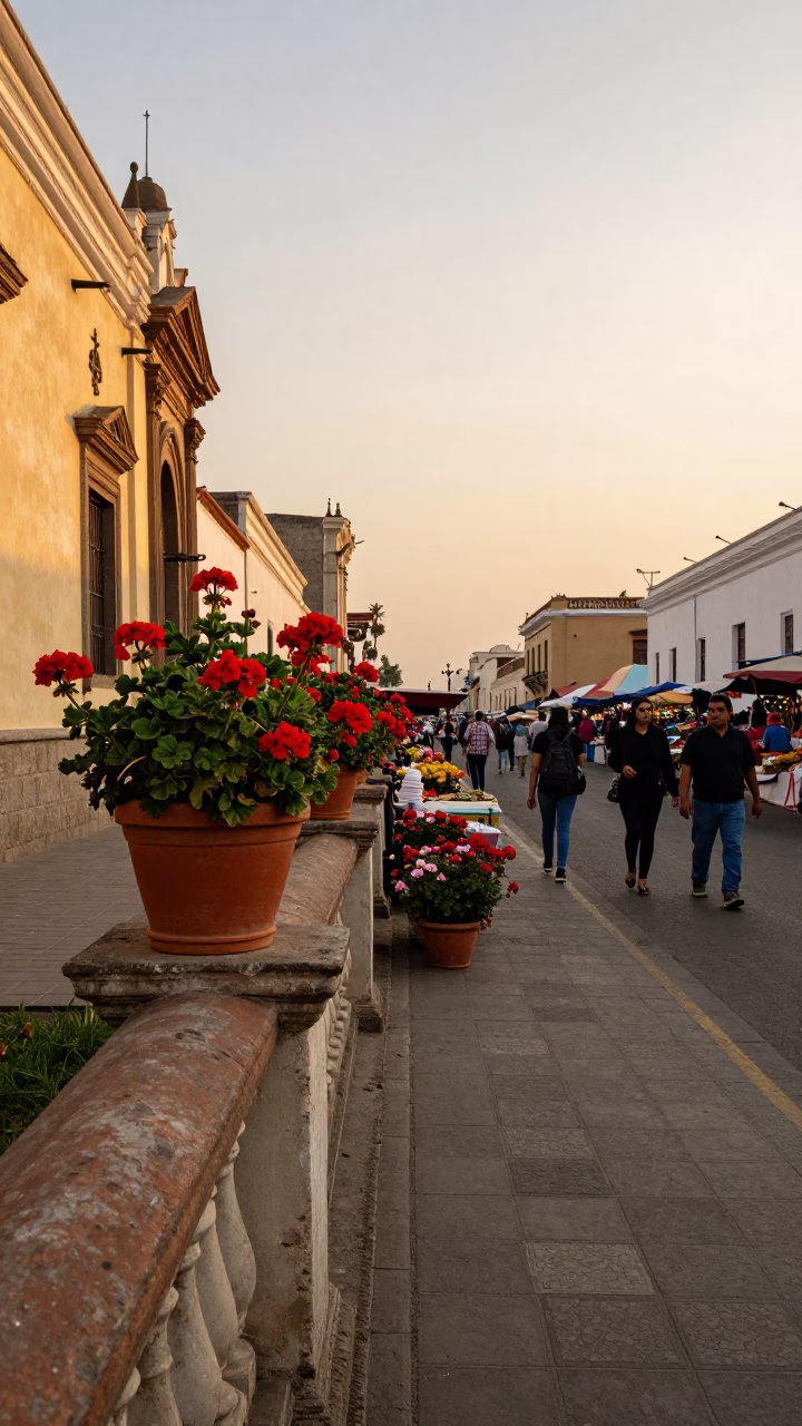 Lima Peru Evening Street Scene with Geraniums and Local Market Activity in Honeyed Light in in Lima, Peru
