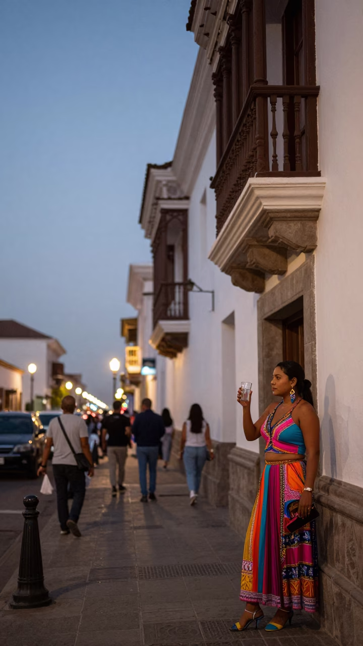 Lima Peru Evening Street Scene with Glass Tumbler and Local Life in in Lima, Peru