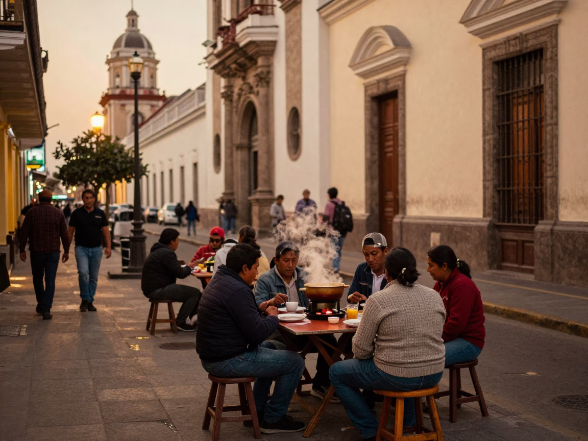 Lima Peru Evening Street Scene with Local Dining and Vintage 1960s Atmosphere in in Lima, Peru