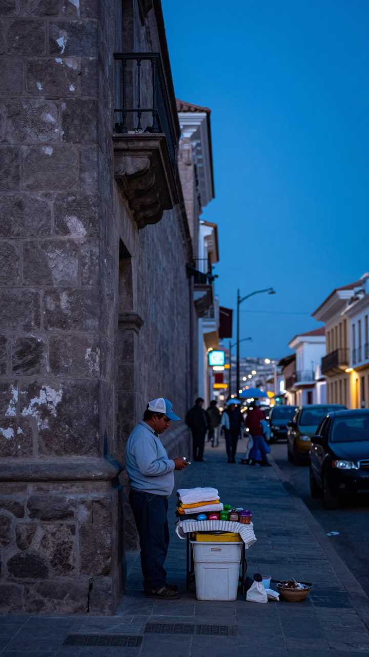 Lima Peru Evening Street Scene with Local Vendor and Blue Hour Lighting in in Lima, Peru