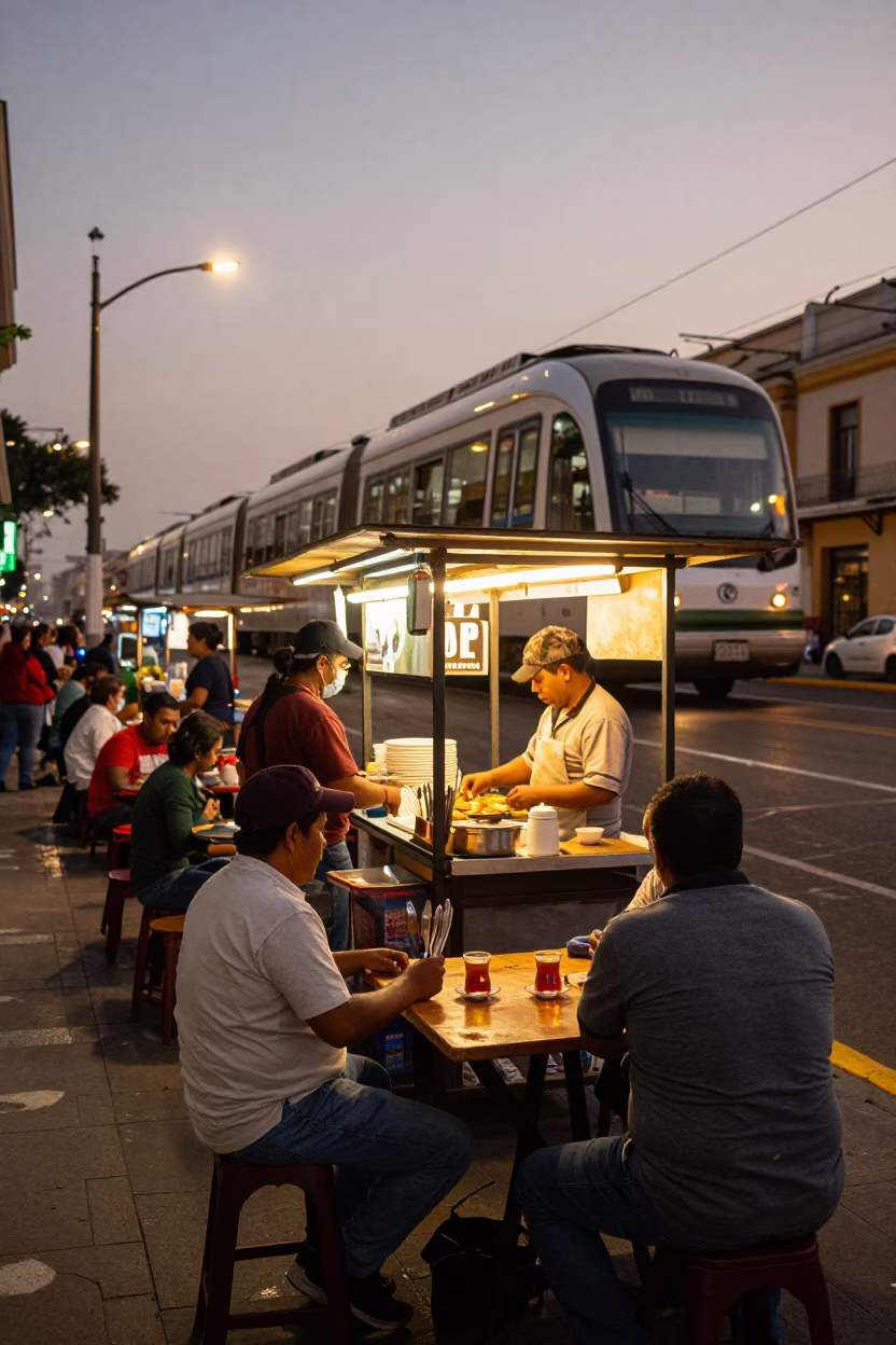 Lima Peru Evening Street Scene with Monorail and Local Dining Activity in in Lima, Peru