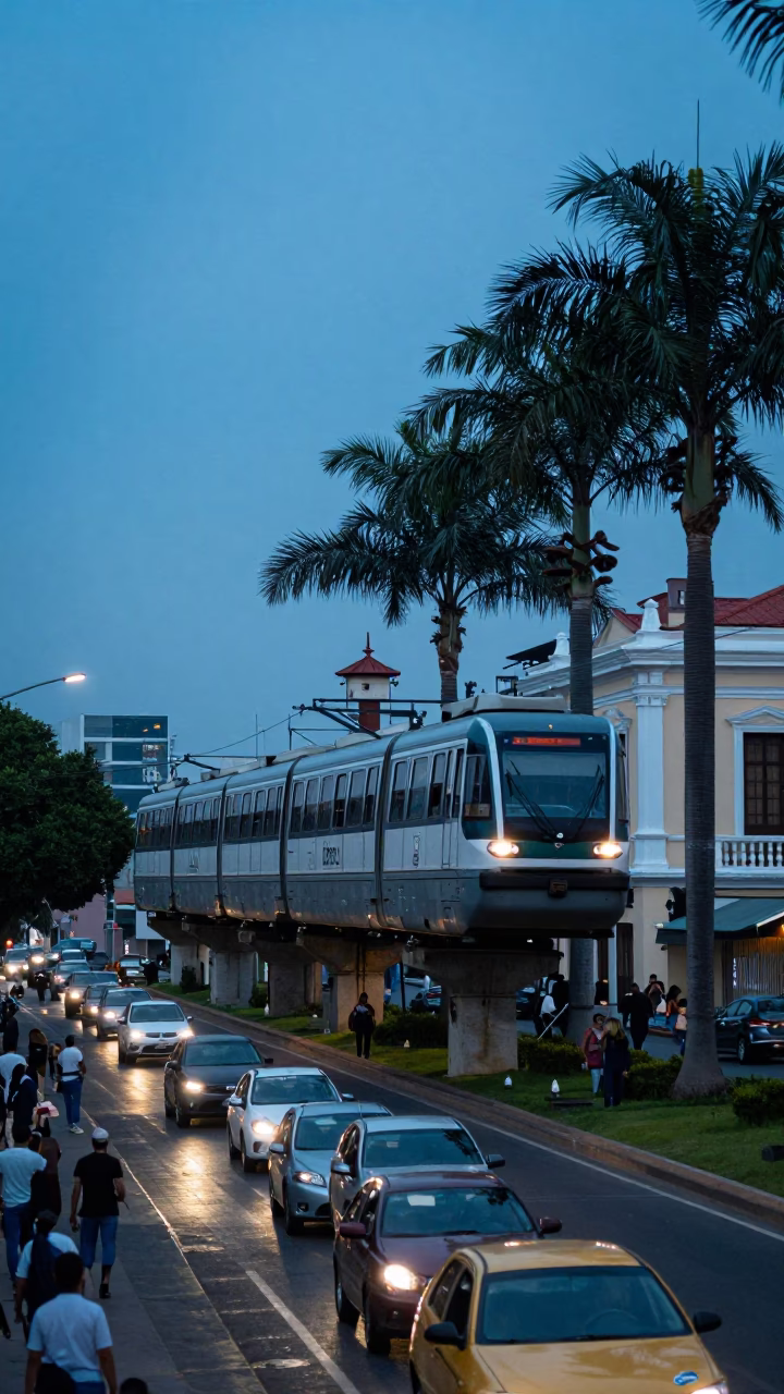 Lima Peru Evening Street Scene with Monorail and Palm Trees in in Lima, Peru