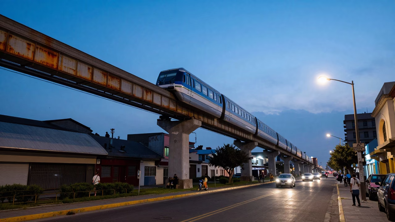 Lima Peru Evening Street Scene with Monorail Reflection and Rust Details in in Lima, Peru