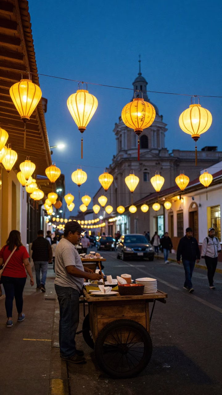 Lima Peru Evening Street Scene with Night Market Lanterns and Affogato in in Lima, Peru