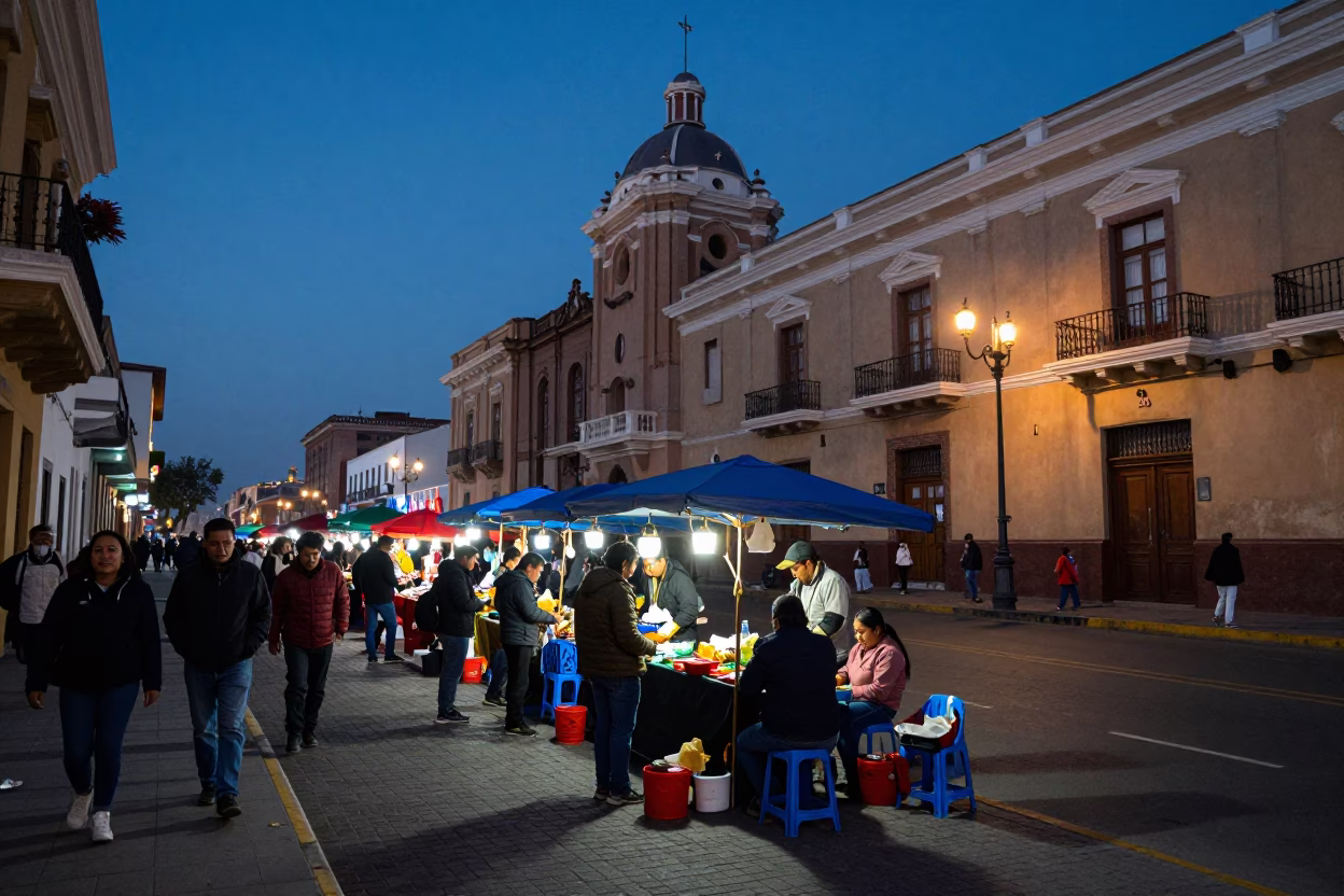 Lima Peru Evening Street Scene with Night Market Lanterns and Local Life in in Lima, Peru