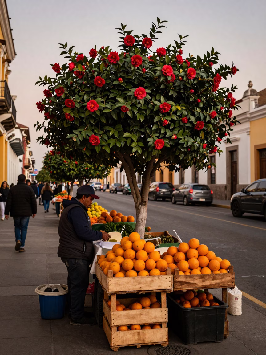 Lima Peru Evening Street Scene with Oranges and Camellia Flowers in in Lima, Peru