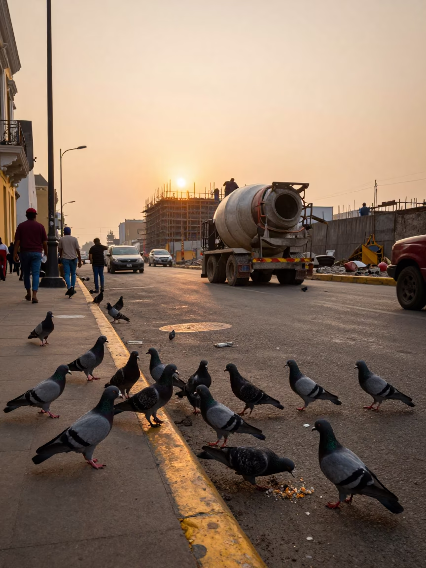 Lima Peru Evening Street Scene with Pigeons and Construction Activity in Honeyed Light in in Lima, Peru