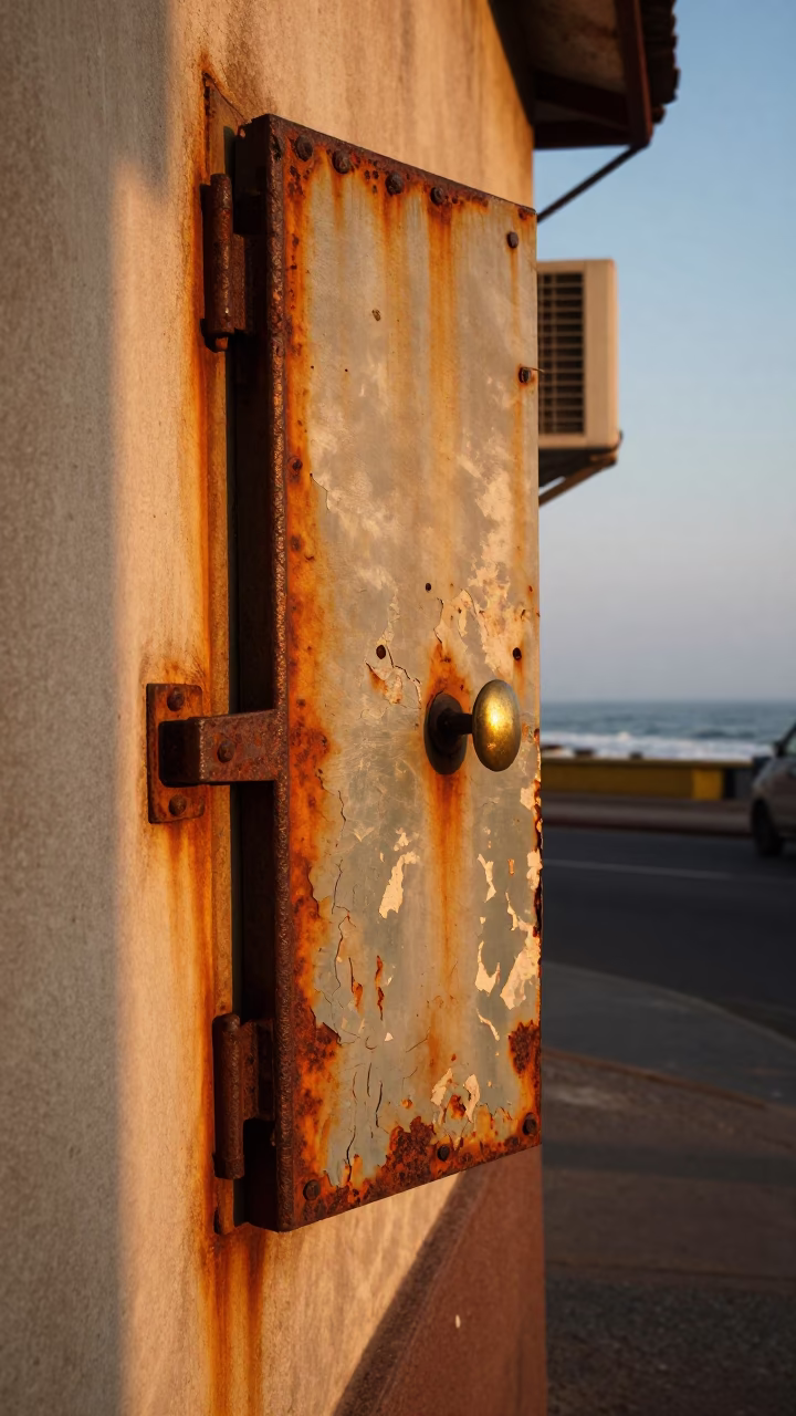 Lima Peru evening street scene with rusted metal and coastal refinery backdrop in in Lima, Peru