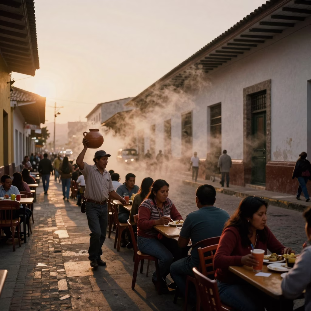 Lima Peru Evening Street Scene with Steam Haze and Local Dining in in Lima, Peru