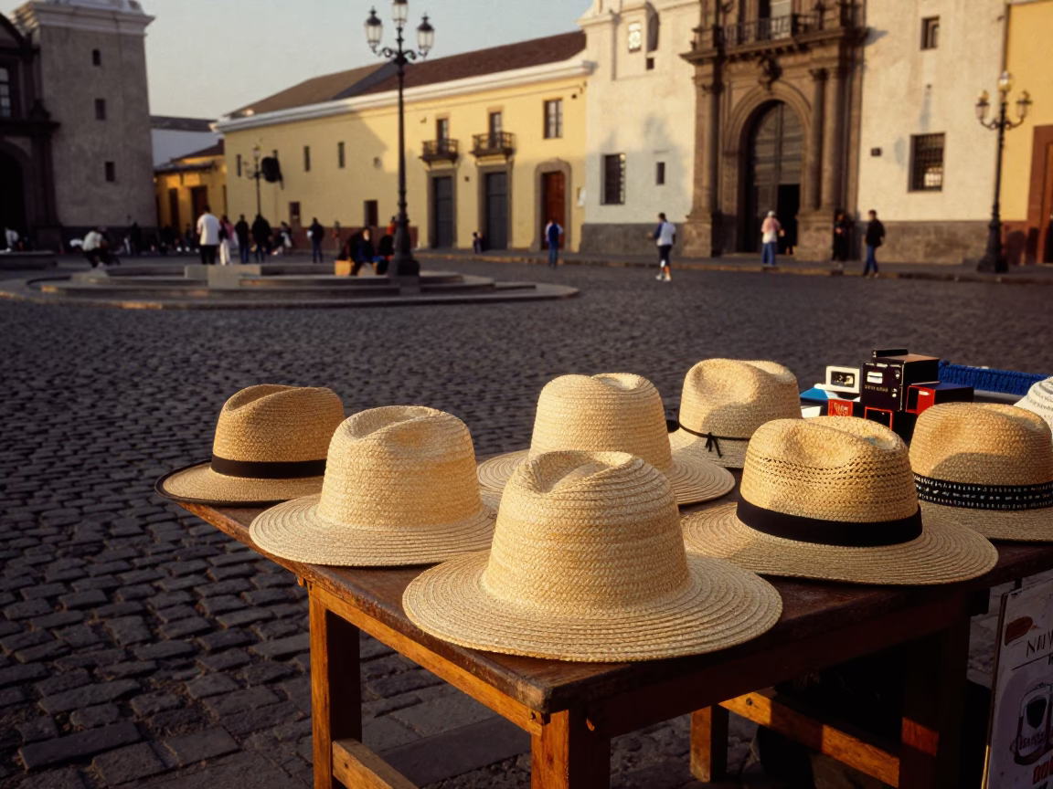 Lima Peru Evening Street Scene with Sun Hats and Souvenir Stalls in in Lima, Peru