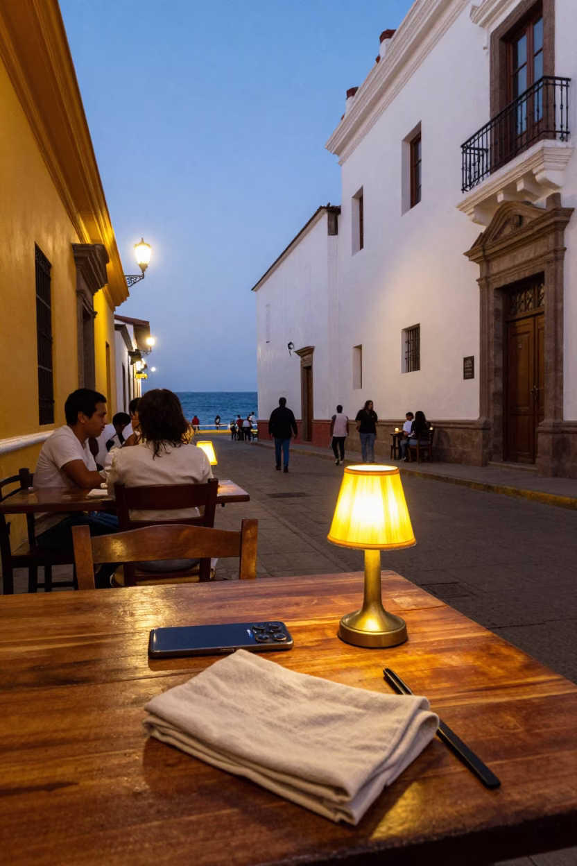 Lima Peru Evening Street Scene with Table Lamps and Linen Napkin in in Lima, Peru