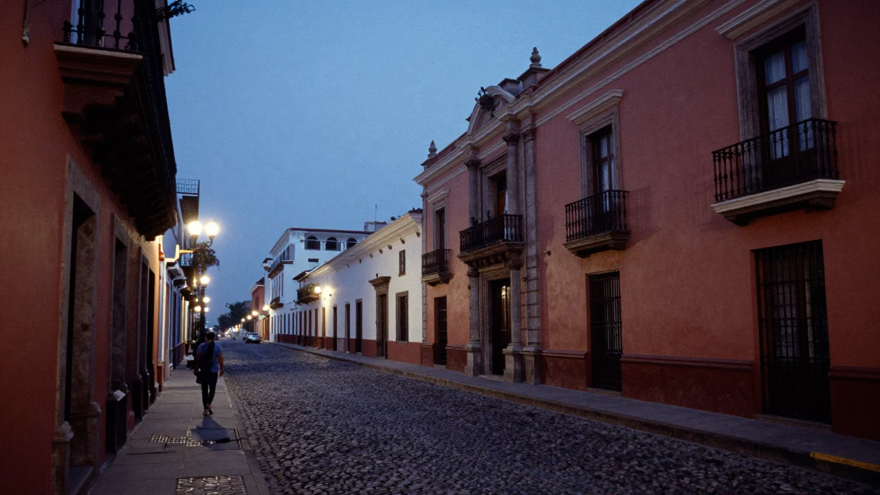 Lima Peru Evening Street Scene with Traditional Architecture and Blue Hour Lighting in in Lima, Peru