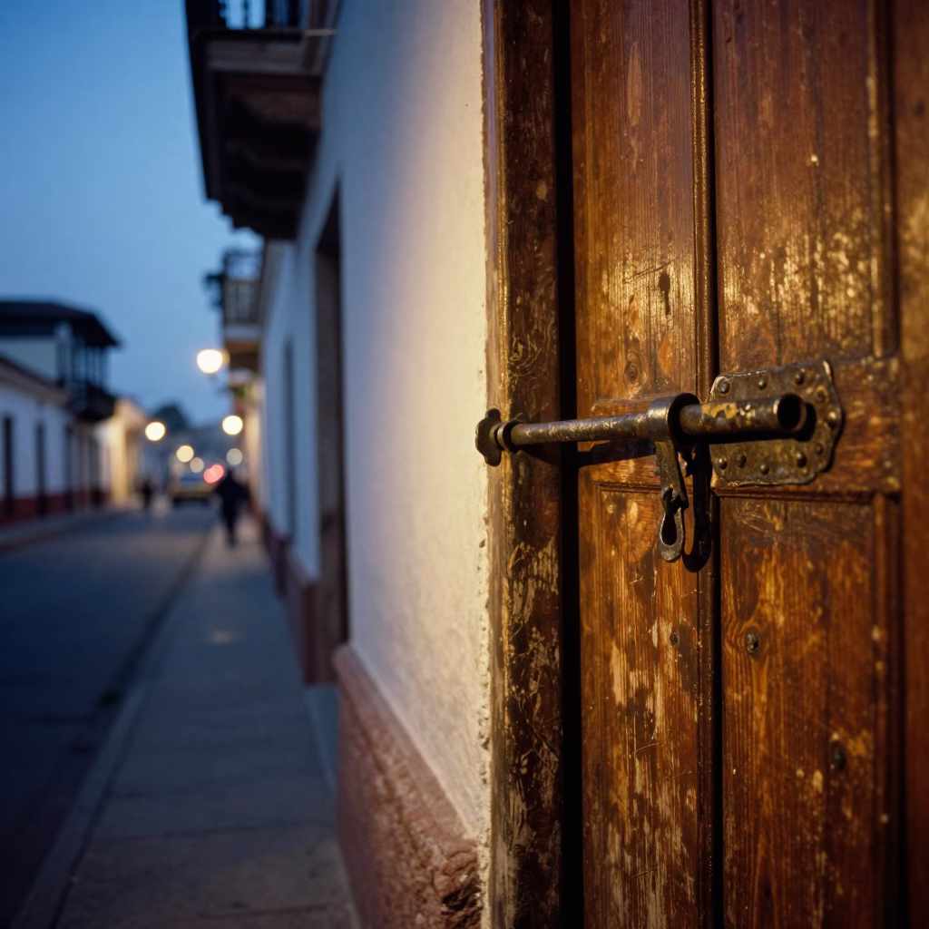 Lima Peru Evening Street Scene with Traditional Door Latch and Urban Architecture in in Lima, Peru