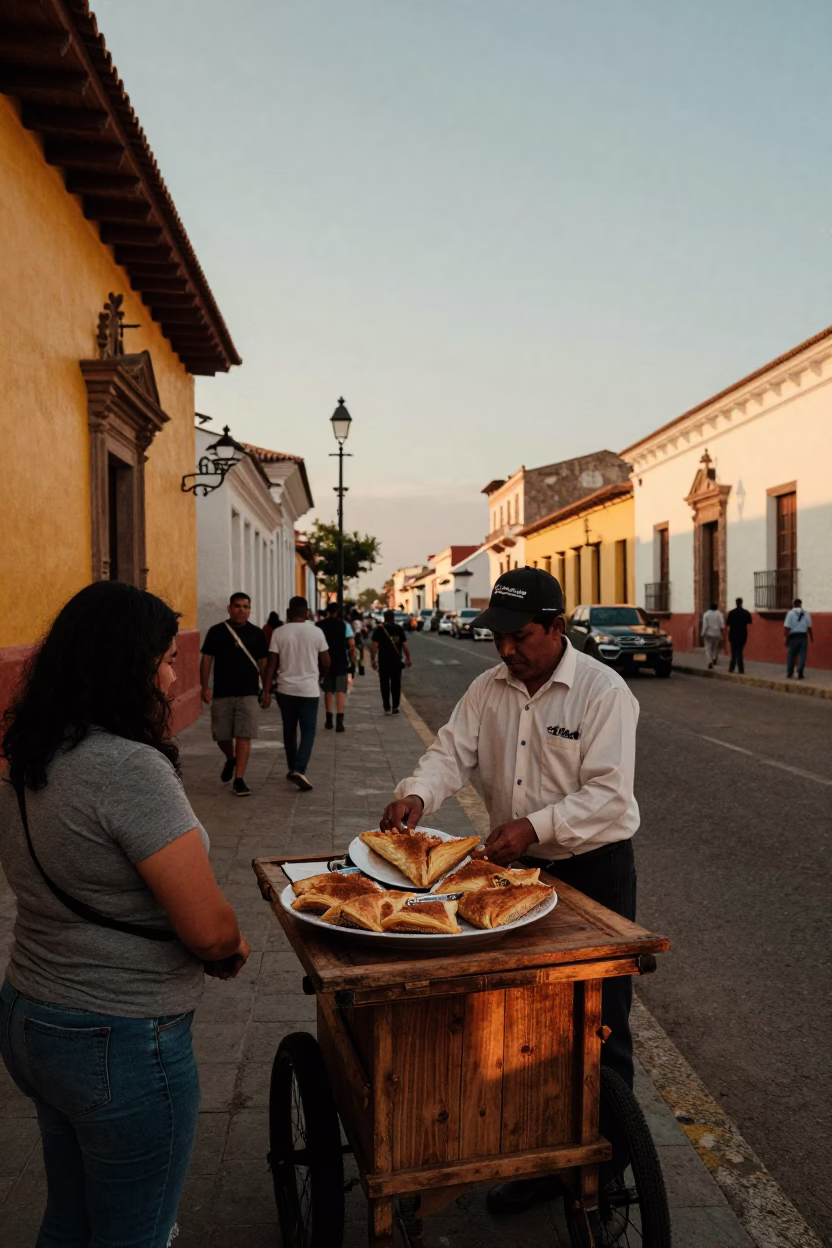 Lima Peru Evening Street Scene with Traditional Pastilla Plate and Local Market Ambiance in in Lima, Peru