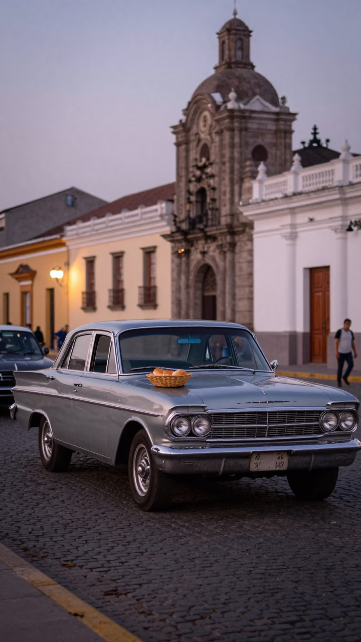Lima Peru Evening Street Scene with Vintage Car and Bread Basket in in Lima, Peru
