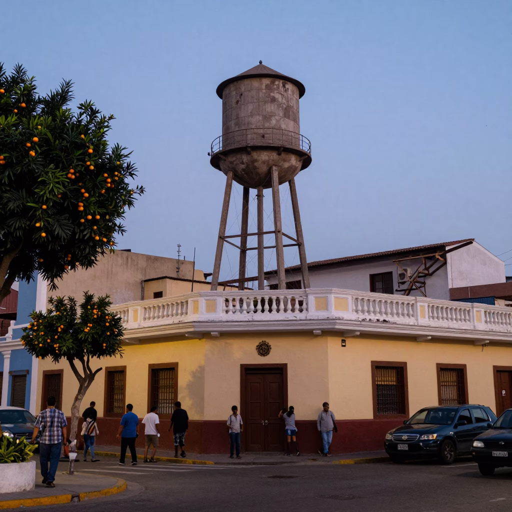 Lima Peru Evening Street Scene with Water Tower and Oranges in in Lima, Peru