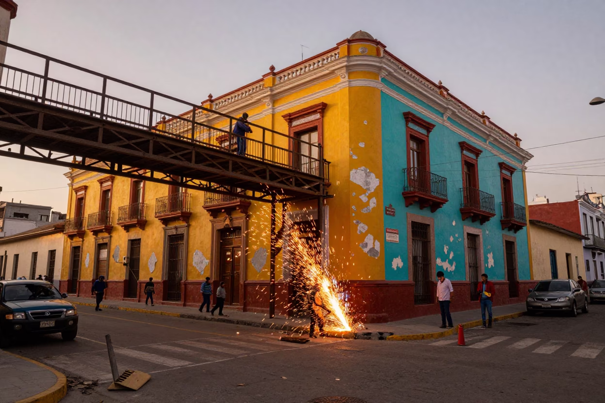Lima Peru Evening Street Scene with Welding Sparks and Colorful Architecture in in Lima, Peru
