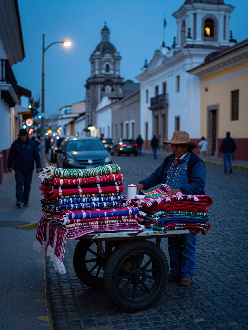Lima Peru Evening Street Scene with Woven Mats and Tiffin Tin in in Lima, Peru