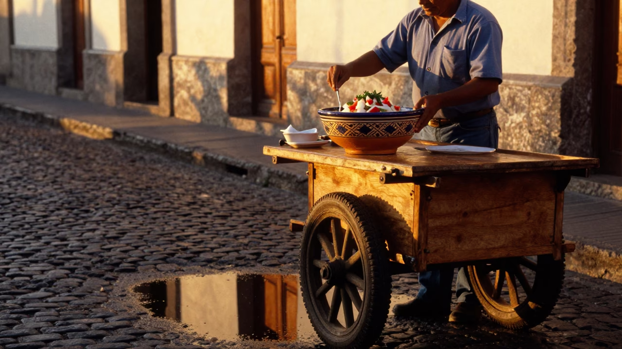 Lima Peru Golden Hour Street Scene with Ceramic Bowl and Puddle Reflections in in Lima, Peru