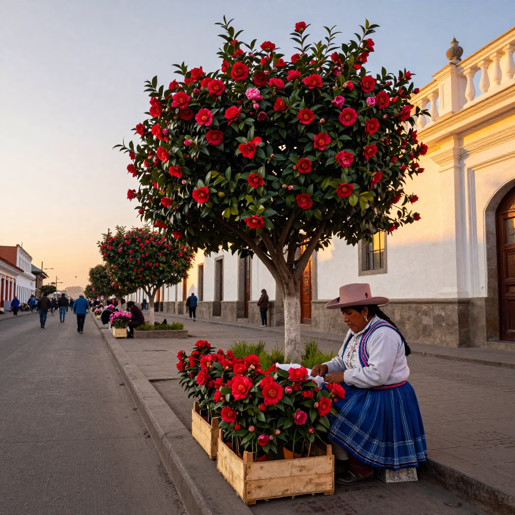 Lima Peru Golden Hour Street Scene with Colorful Camellias and Traditional Folk Dance in in Lima, Peru