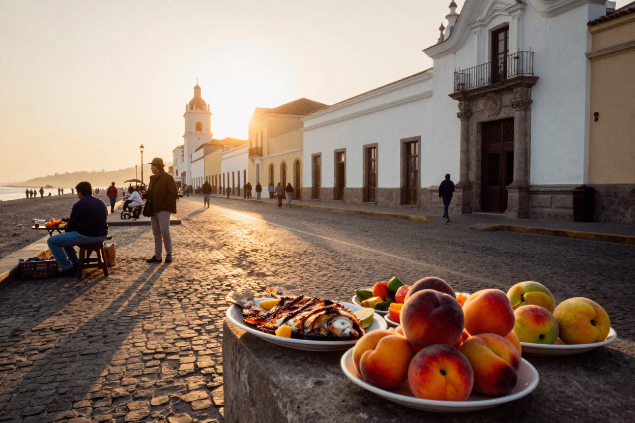 Lima Peru Golden Hour Street Scene with Grilled Fish and Peaches on Busy Corner in in Lima, Peru