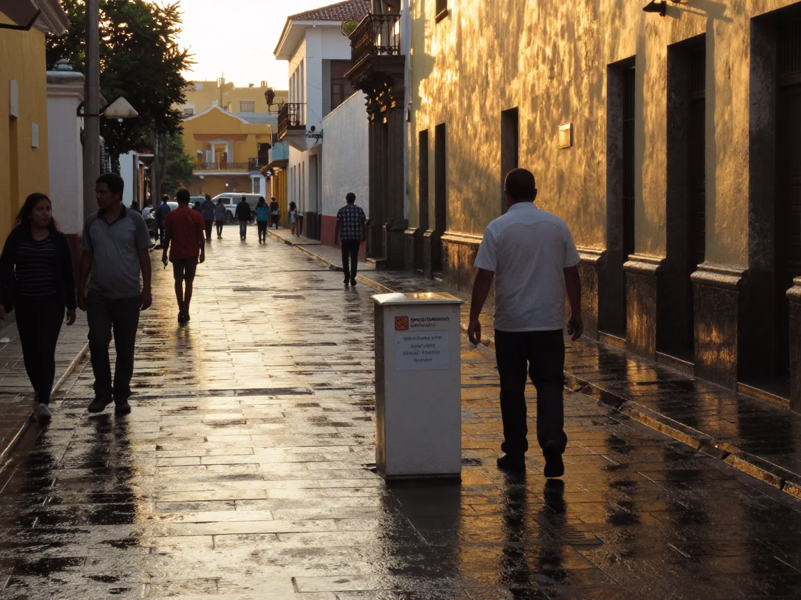 Lima Peru Golden Hour Street Scene with Shoebox and Wet Flagstones in in Lima, Peru