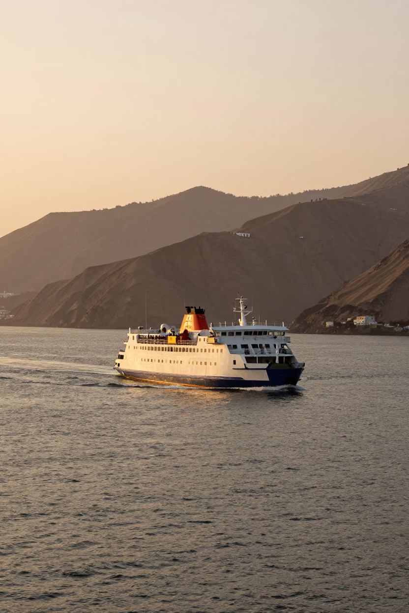 Lima Peru Harbor Ferry Departure with Coastal Mountains in Evening Light in in Lima, Peru