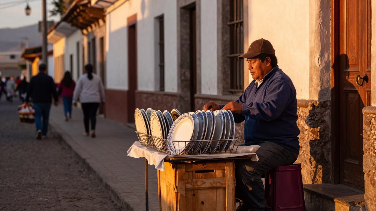 Lima Peru Honeyed Evening Street Scene with Dish Rack and Embroidered Cushion in in Lima, Peru