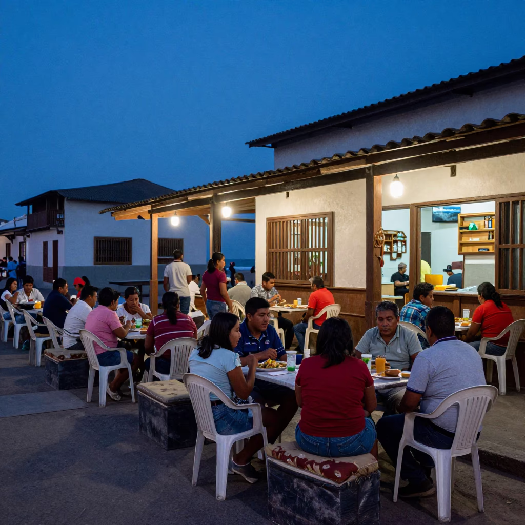 Lima Peru indigo twilight coastal street scene with local dining and distant harbor details in in Lima, Peru