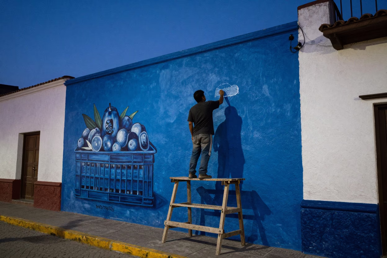 Lima Peru indigo twilight street mural artist painting fruit crate neighborhood scene in in Lima, Peru