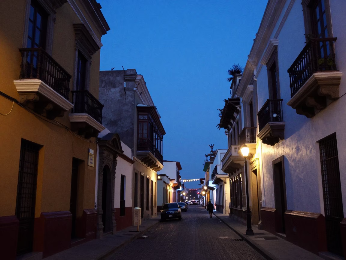 Lima Peru indigo twilight street scene with address book and coat hook in in Lima, Peru