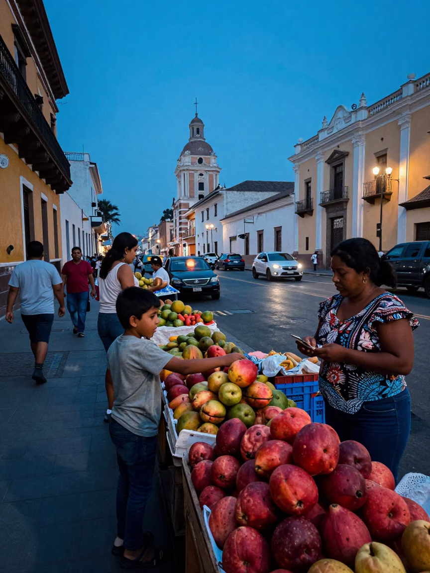 Lima Peru indigo twilight street scene with fruit vendor and local interaction in in Lima, Peru