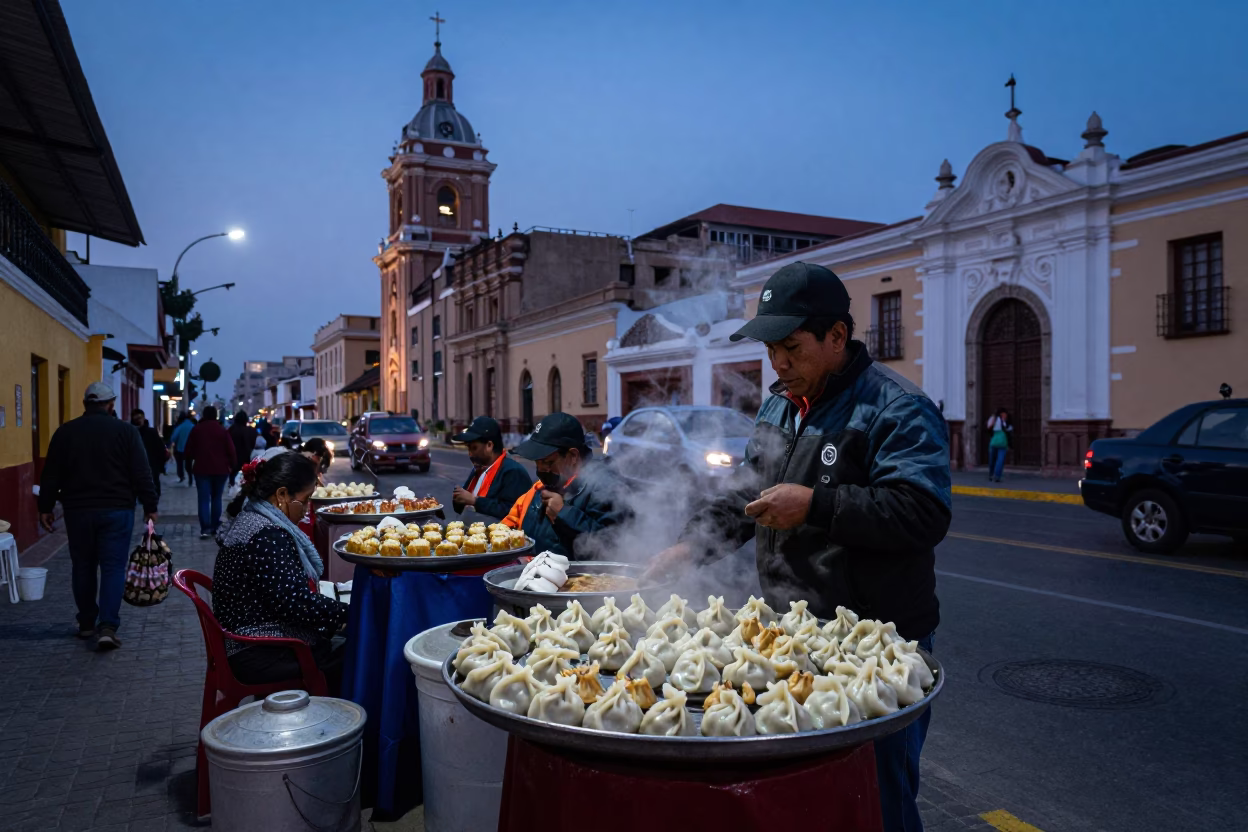 Lima Peru Indigo Twilight Street Scene with Local Vendors and Dim Sum in in Lima, Peru