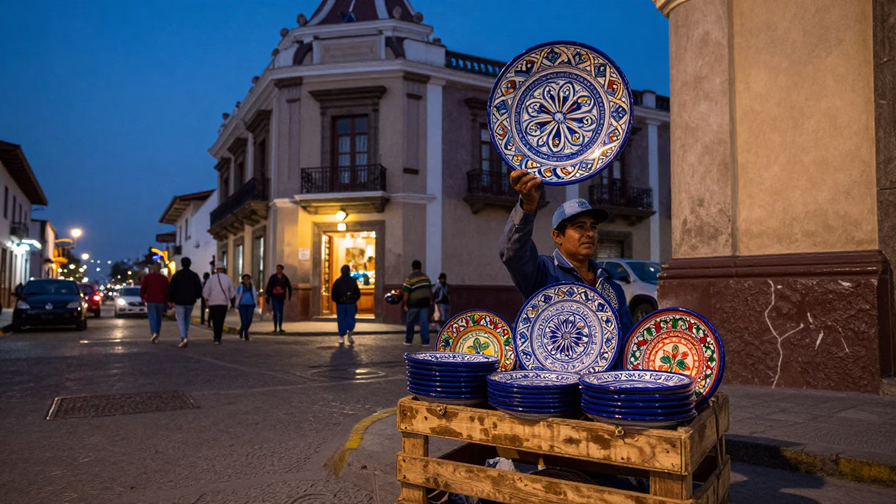 Lima Peru Indigo Twilight Street Scene with Vintage Majolica Plate and Fishing Floats in in Lima, Peru