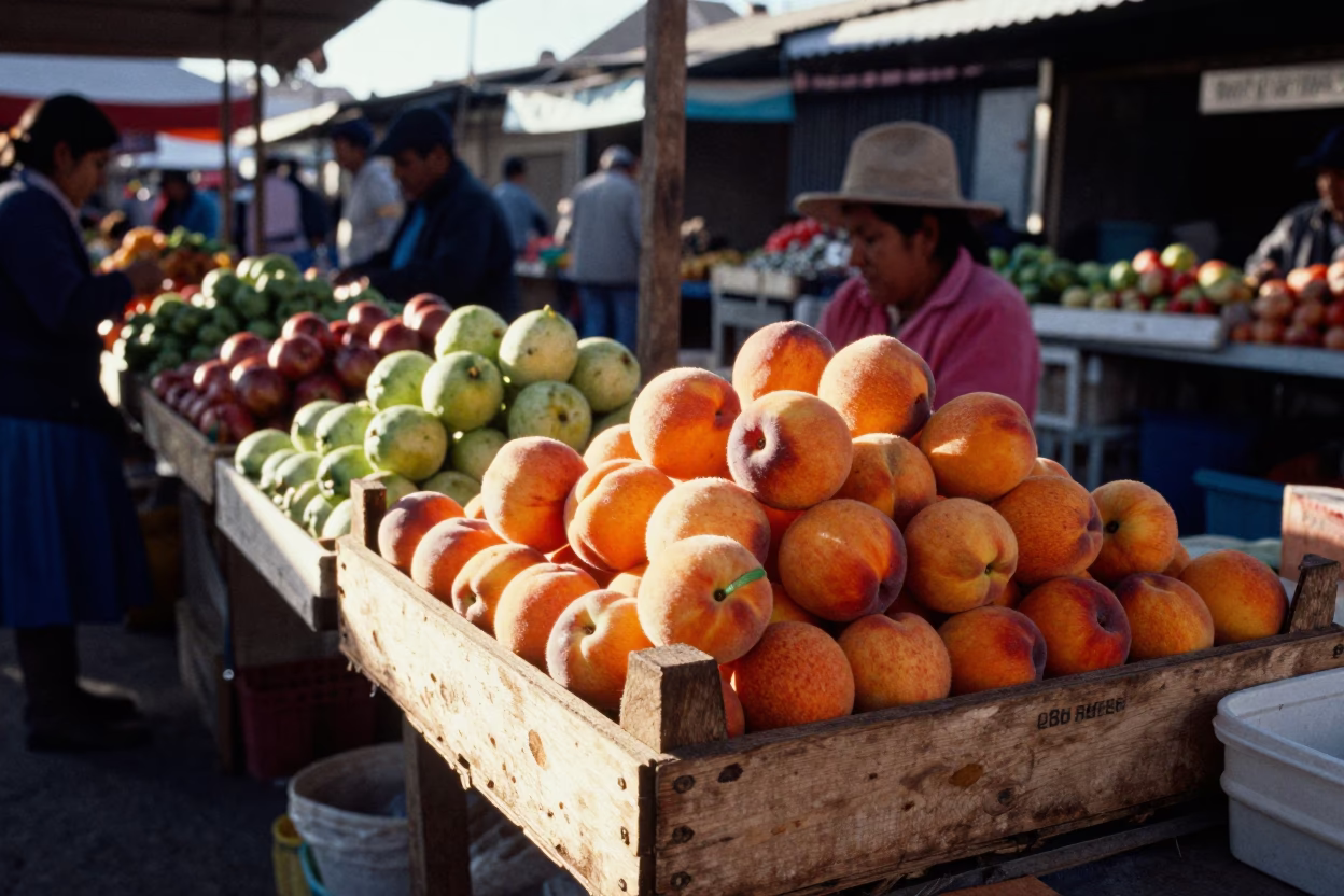 Lima Peru Late Afternoon Market Scene with Fresh Nectarines and Colorful Serving Bowls in in Lima, Peru
