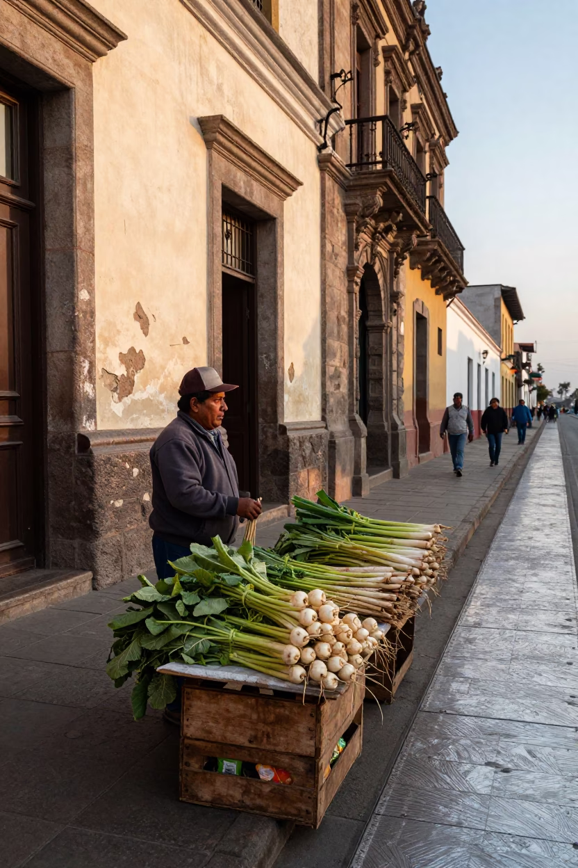 Lima Peru Late Afternoon Street Scene with Brushed Steel Runner and Glass Vase in in Lima, Peru