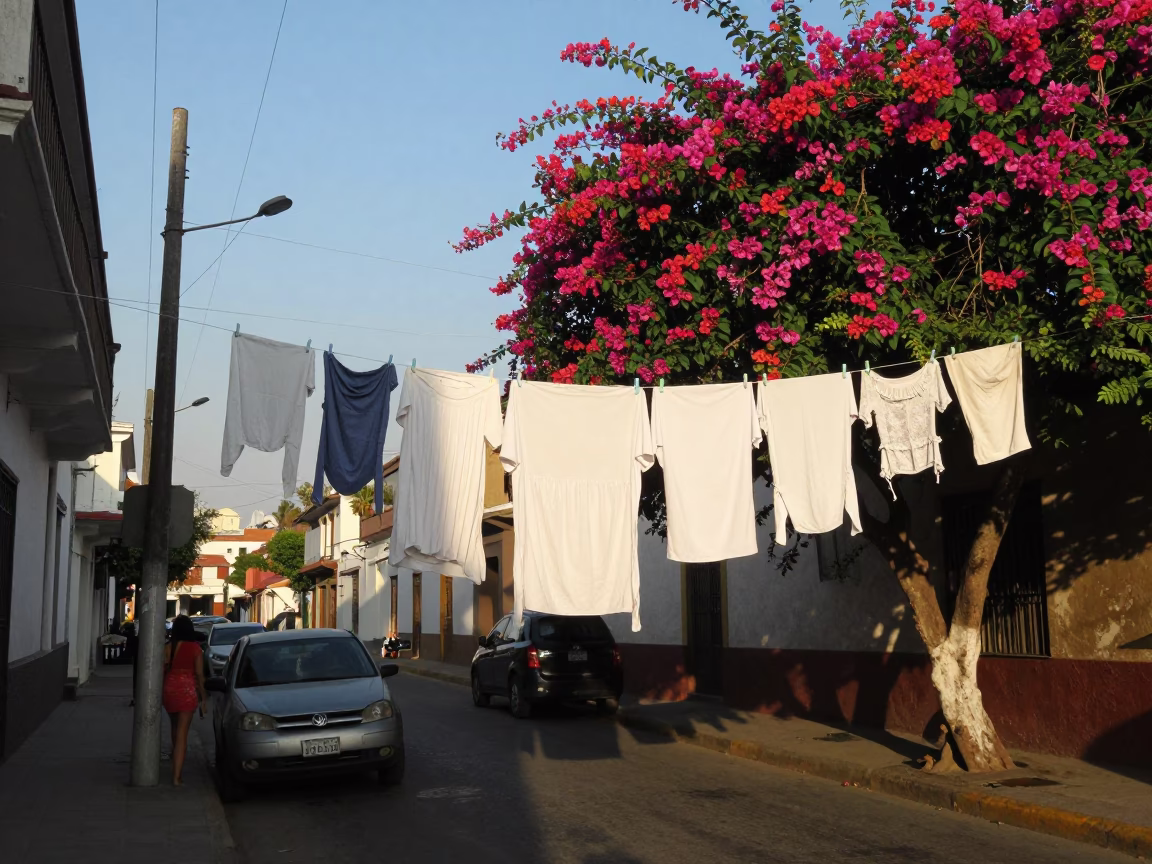 Lima Peru Late Afternoon Street Scene with Clothesline and Flowering Plant in in Lima, Peru