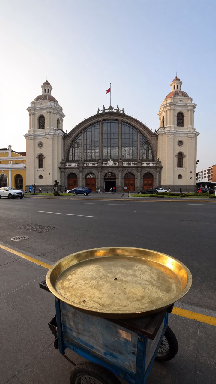 Lima Peru late afternoon street scene with historic train station architecture in in Lima, Peru