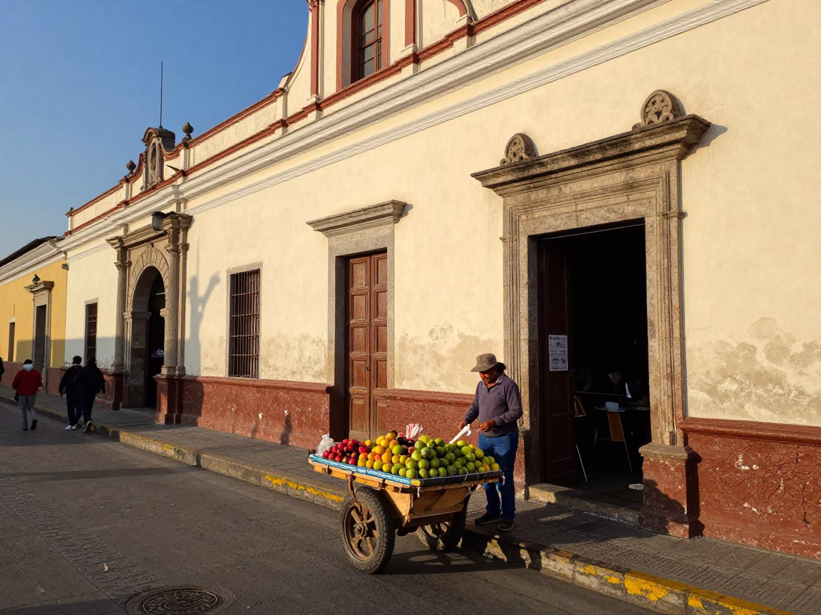 Lima Peru Late Afternoon Street Scene with Local Vendor and Doorframe in in Lima, Peru