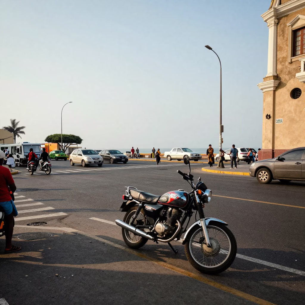 Lima Peru Late Afternoon Street Scene with Motorcycle and Urban Details in in Lima, Peru