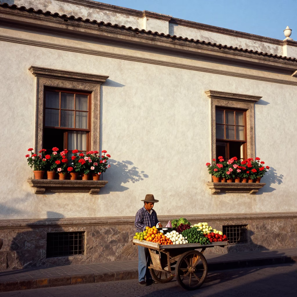 Lima Peru Late Afternoon Street Scene with Window Boxes and Local Commerce in in Lima, Peru
