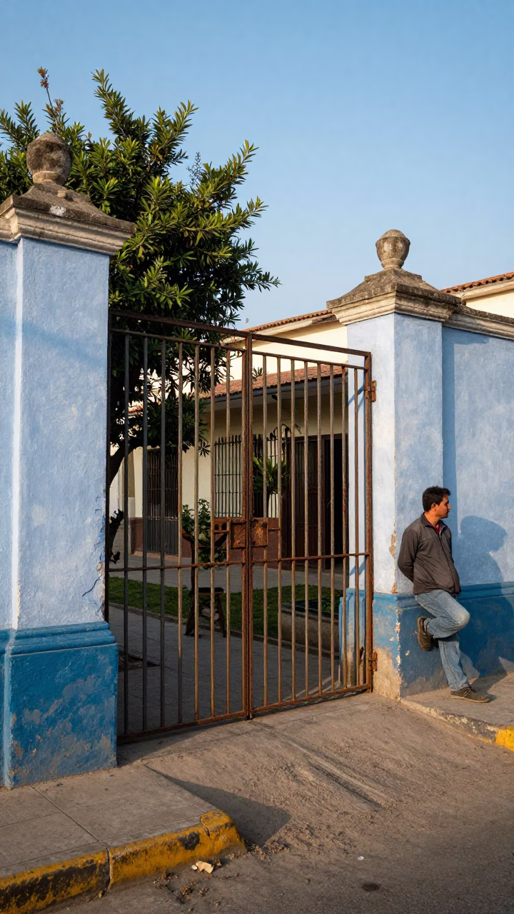 Lima Peru Late Afternoon Street Scene with Wrench and Garden Gate in in Lima, Peru