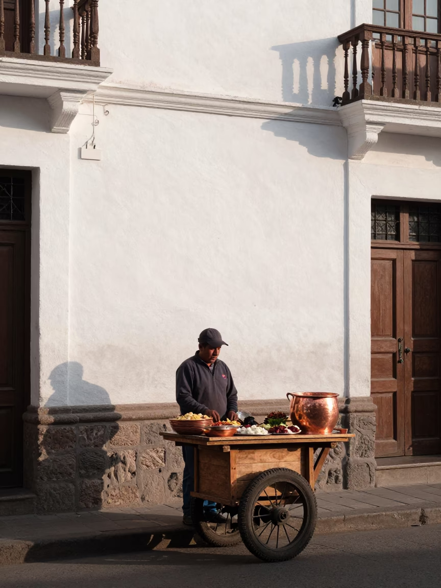 Lima Peru Late Morning Street Scene with Copper Mezze Tray and Local Market Vendor in in Lima, Peru