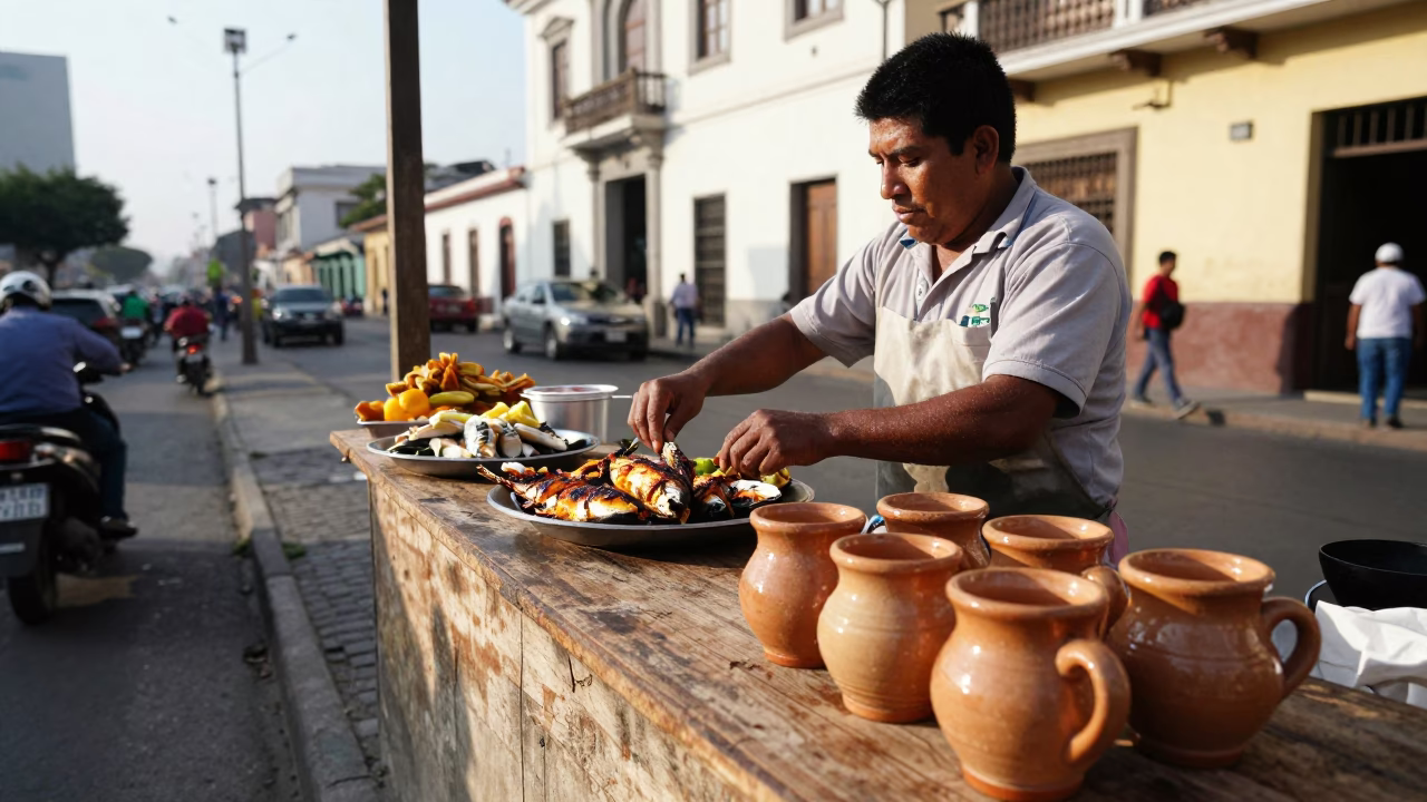 Lima Peru Late Morning Street Scene with Grilled Fish and Ceramic Mugs in in Lima, Peru