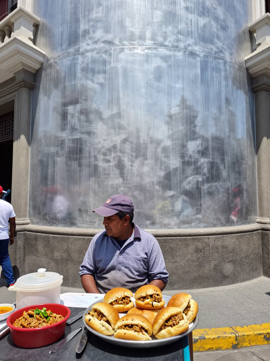 Lima Peru Midday Street Scene with Brushed Steel Plaster Wall and Local Vendor in in Lima, Peru