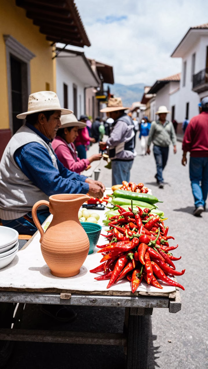 Lima Peru Midday Street Scene with Ceramic Pitcher and Chili Peppers in in Lima, Peru