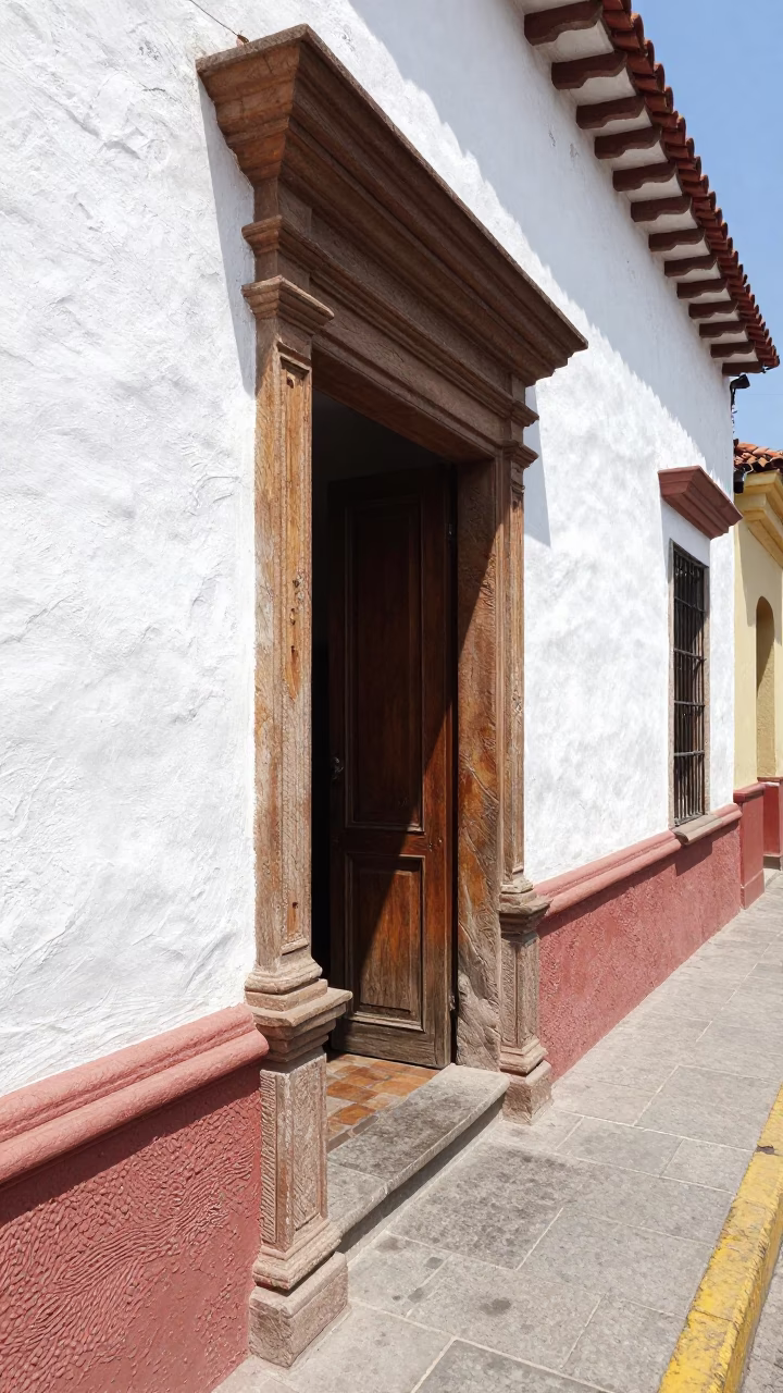 Lima Peru midday street scene with colonial doorframe and local market activity in in Lima, Peru
