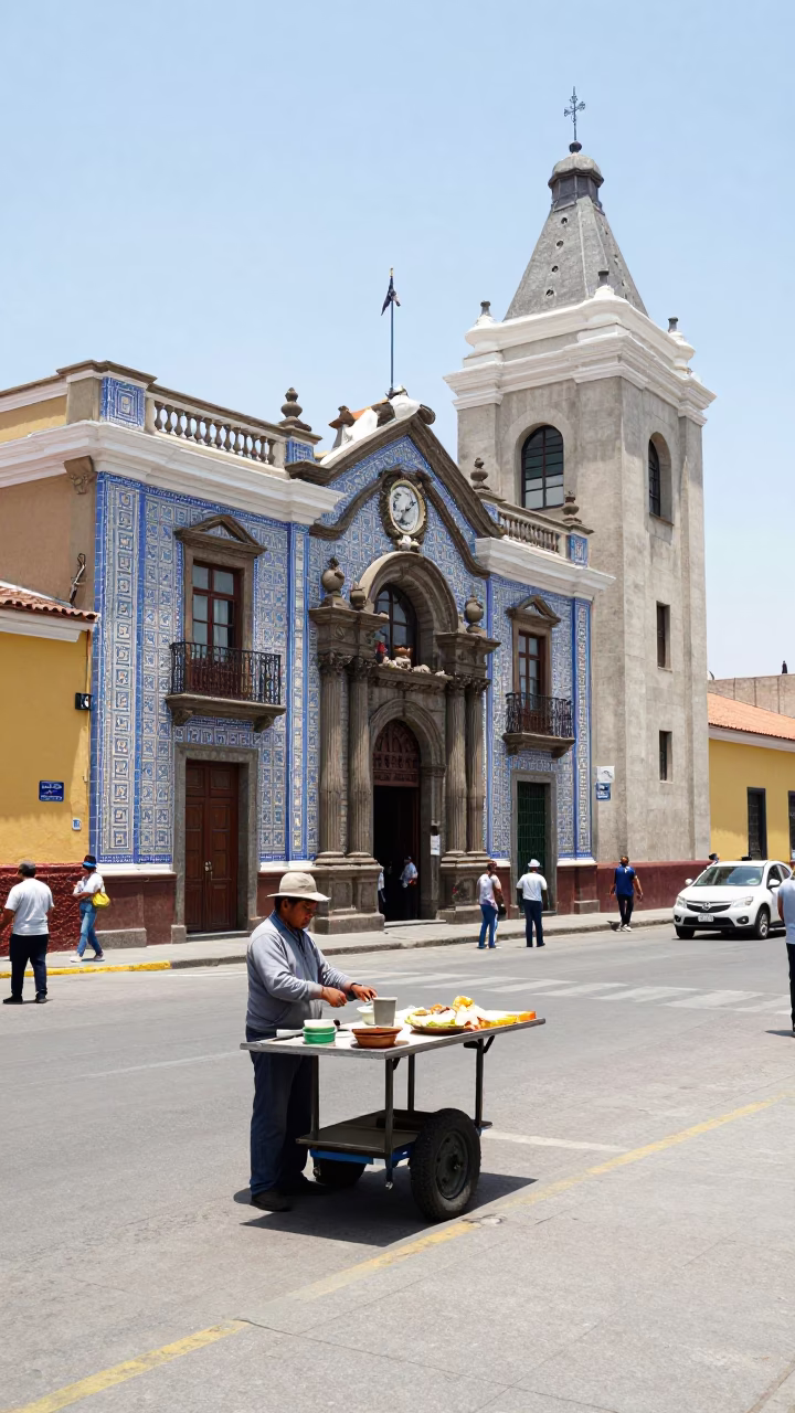 Lima Peru Midday Street Scene with Colorful Facades and Local Commerce in in Lima, Peru